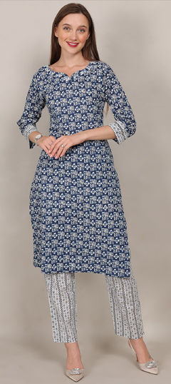 Blue color Salwar Kameez in Cotton fabric with Printed, Resham, Thread work