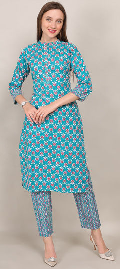 Blue color Salwar Kameez in Cotton fabric with Printed, Resham, Thread work