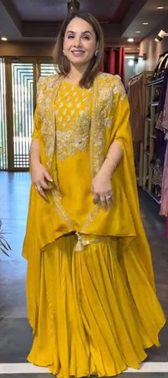 Yellow color Salwar Kameez in Crepe Silk fabric with Embroidered, Sequence, Thread work