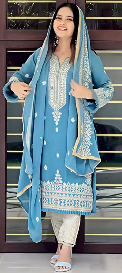 Blue color Salwar Kameez in Georgette fabric with Embroidered, Resham, Thread work