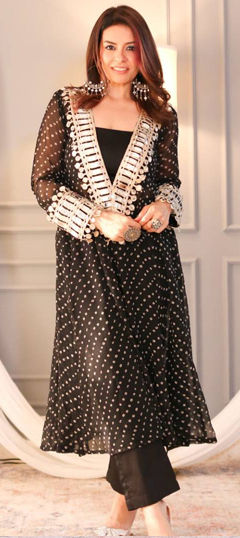 Black and Grey color Salwar Kameez in Georgette fabric with Bandhej, Mirror, Printed work