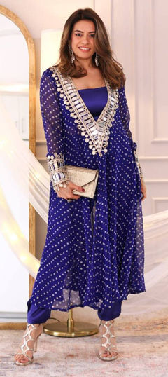 Blue color Salwar Kameez in Georgette fabric with Bandhej, Mirror, Printed work