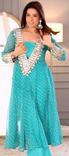 Blue color Salwar Kameez in Georgette fabric with Bandhej, Mirror, Printed work