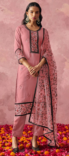 Pink and Majenta color Salwar Kameez in Georgette fabric with Embroidered, Resham, Thread work