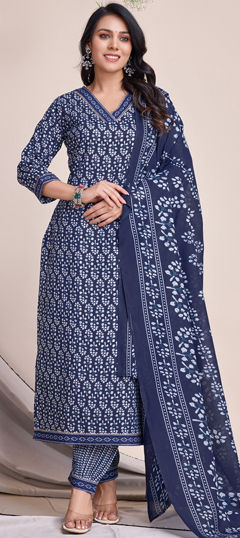 Blue color Salwar Kameez in Cotton fabric with Gota Patti, Lace, Printed work
