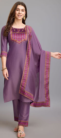 Purple and Violet color Salwar Kameez in Chinon Silk fabric with Lace, Printed work