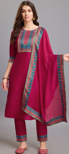Pink and Majenta color Salwar Kameez in Chinon Silk fabric with Lace, Printed work