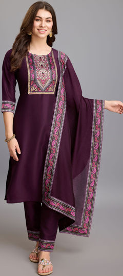 Purple and Violet color Salwar Kameez in Chinon Silk fabric with Lace, Printed work