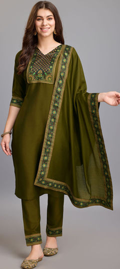 Green color Salwar Kameez in Chinon Silk fabric with Lace, Printed work