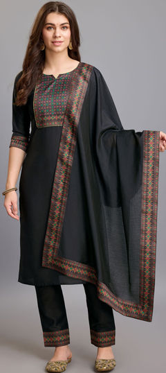 Blue color Salwar Kameez in Chinon Silk fabric with Lace, Printed work
