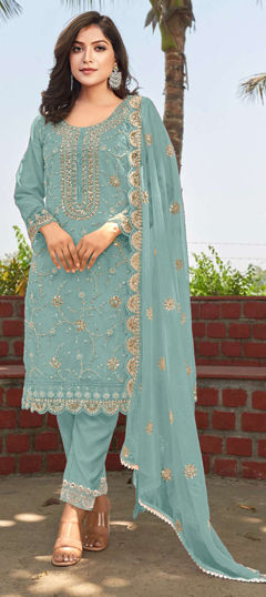 Blue color Salwar Kameez in Organza Silk fabric with Bugle Beads, Embroidered, Sequence, Thread work