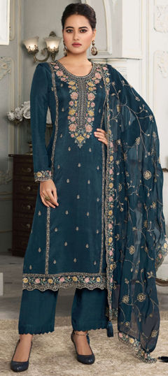 Blue color Salwar Kameez in Silk fabric with Embroidered, Resham, Sequence, Thread work