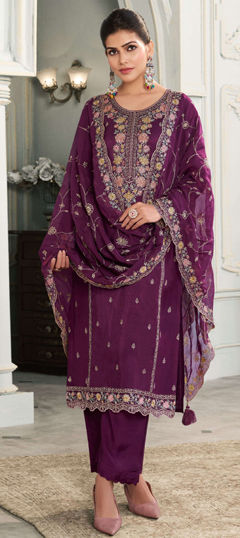 Purple and Violet color Salwar Kameez in Silk fabric with Embroidered, Resham, Sequence, Thread work