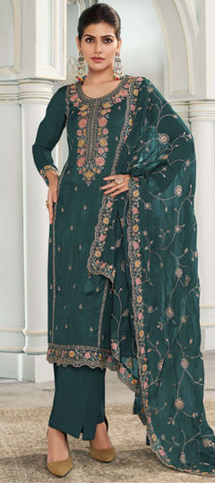 Blue color Salwar Kameez in Silk fabric with Embroidered, Resham, Sequence, Thread work