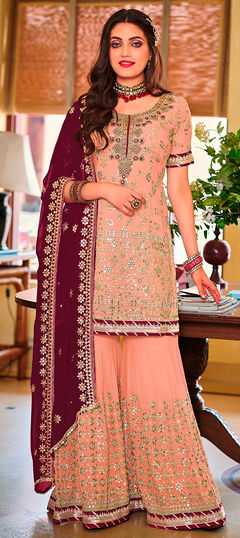 Pink and Majenta color Salwar Kameez in Faux Georgette fabric with Embroidered, Lace, Sequence, Thread work