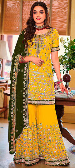 Yellow color Salwar Kameez in Faux Georgette fabric with Embroidered, Lace, Sequence, Thread work