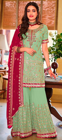 Green color Salwar Kameez in Faux Georgette fabric with Embroidered, Lace, Sequence, Thread work