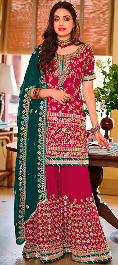 Red and Maroon color Salwar Kameez in Faux Georgette fabric with Embroidered, Lace, Sequence, Thread work