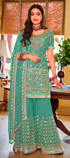 Green color Salwar Kameez in Faux Georgette fabric with Embroidered, Lace, Sequence, Thread work