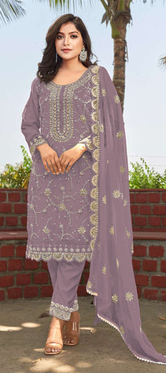 Purple and Violet color Salwar Kameez in Organza Silk fabric with Bugle Beads, Embroidered, Sequence, Thread work