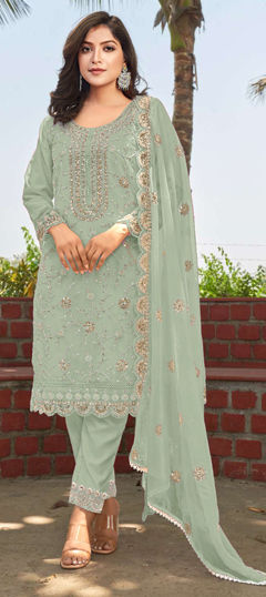 Green color Salwar Kameez in Organza Silk fabric with Bugle Beads, Embroidered, Sequence, Thread work