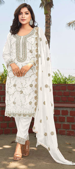 White and Off White color Salwar Kameez in Organza Silk fabric with Bugle Beads, Embroidered, Sequence, Thread work