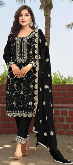 Black and Grey color Salwar Kameez in Organza Silk fabric with Bugle Beads, Embroidered, Sequence, Thread work