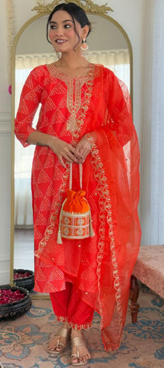 Red and Maroon color Salwar Kameez in Crepe Silk fabric with Bandhej, Embroidered, Printed, Sequence work