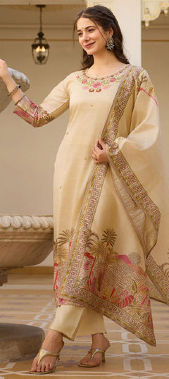 Beige and Brown color Salwar Kameez in Viscose fabric with Embroidered, Thread work