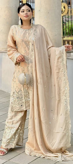 Beige and Brown color Salwar Kameez in Satin Silk fabric with Mirror, Sequence, Thread work