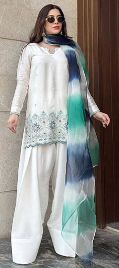 White and Off White color Salwar Kameez in Silk fabric with Embroidered, Sequence, Thread work