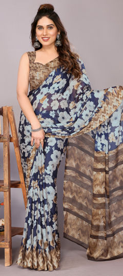 Blue color Saree in Chiffon fabric with Floral, Printed work
