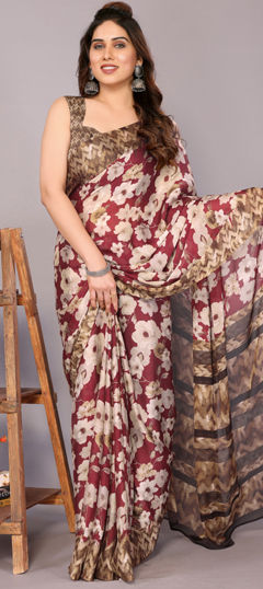 Red and Maroon color Saree in Chiffon fabric with Floral, Printed work