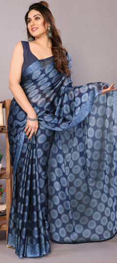 Blue color Saree in Chiffon fabric with Block Print work