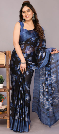 Black and Grey color Saree in Chiffon fabric with Floral, Printed work