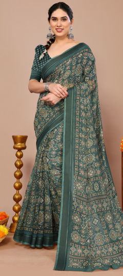 Blue color Saree in Blended Cotton fabric with Printed work