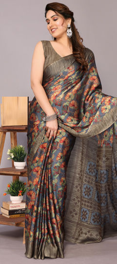 Black and Grey color Saree in Chiffon fabric with Floral, Printed work