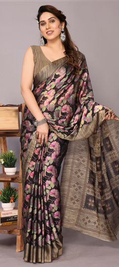 Black and Grey color Saree in Chiffon fabric with Floral, Printed work