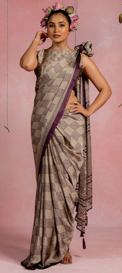 Beige and Brown color Saree in Chiffon fabric with Printed work