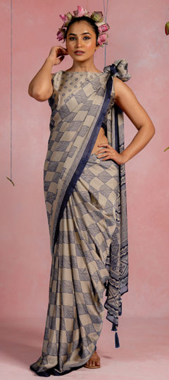 Beige and Brown color Saree in Chiffon fabric with Printed work