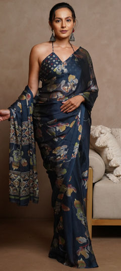 Blue color Saree in Chiffon fabric with Floral, Printed work