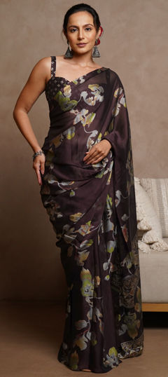 Purple and Violet color Saree in Chiffon fabric with Floral, Printed work