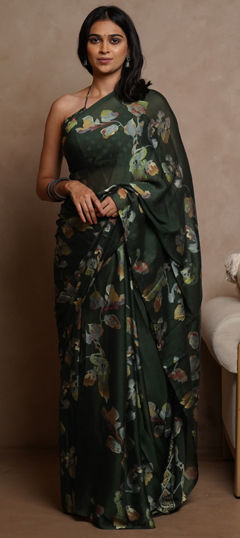 Green color Saree in Chiffon fabric with Floral, Printed work