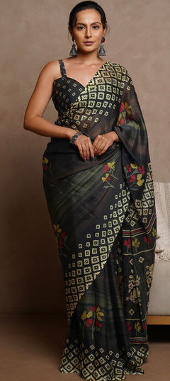 Black and Grey color Saree in Chiffon fabric with Floral, Printed work