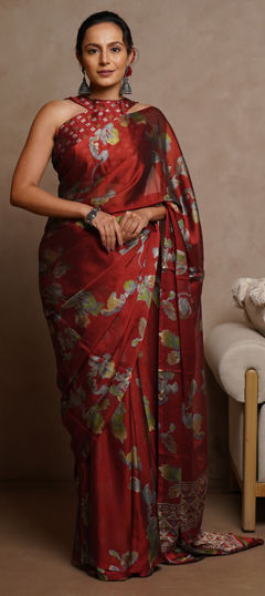 Red and Maroon color Saree in Chiffon fabric with Floral, Printed work
