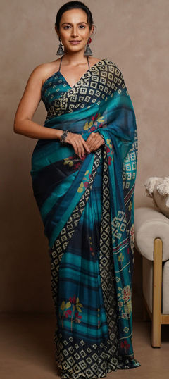 Blue color Saree in Chiffon fabric with Floral, Printed work