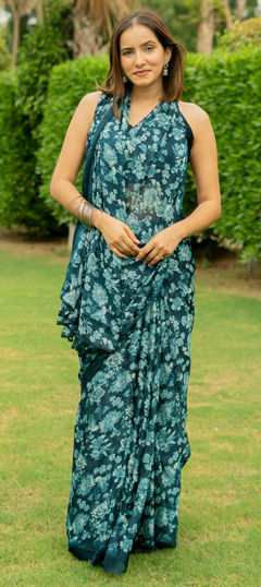 Blue color Saree in Chiffon fabric with Floral, Printed work
