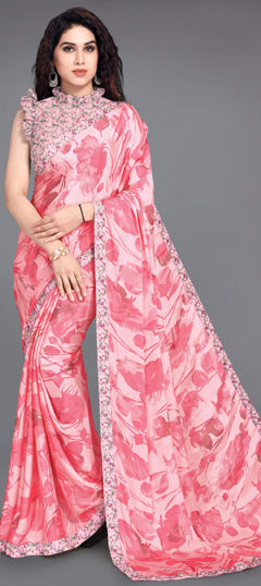 Pink and Majenta color Readymade Saree in Crepe Silk fabric with Floral, Printed work
