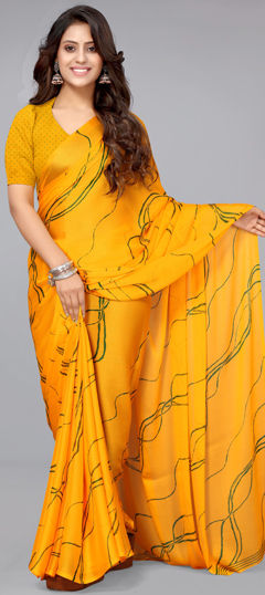 Yellow color Readymade Saree in Chiffon fabric with Printed work