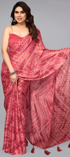 Red and Maroon color Readymade Saree in Chiffon fabric with Printed, Tye n Dye work